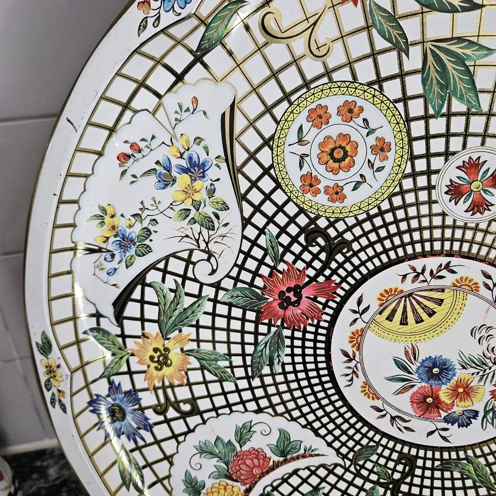 Vintage Daher Round Tray Lattice Floral Made‎ in England
